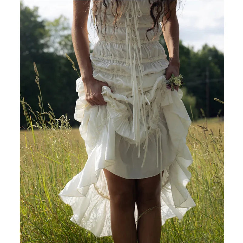 New Summer Chiffon Beige Solid Color Lace-ups Slim Slip Dress Ruffle Chic Party Beach Fashion Long Dress For Women voguable