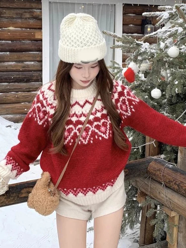 Women Retro Print Christmas Red Sweater O Neck Casual Long Sleeve Sweet Knitted Jumper Vintage Lazy Wind Loose Japan Cute Tops voguable
