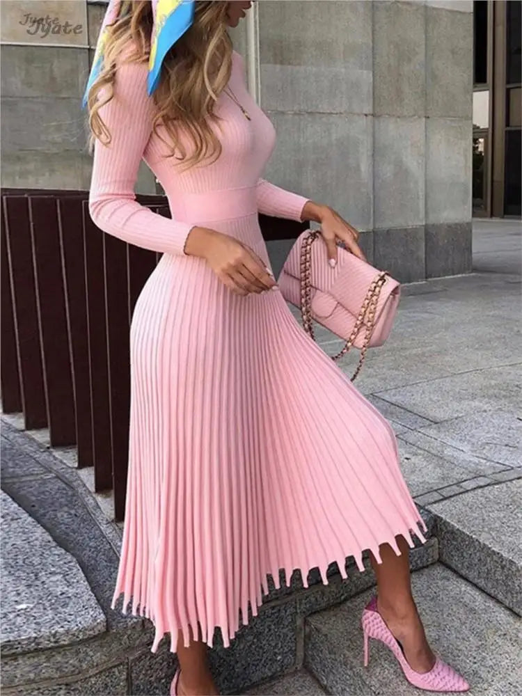 Women Spring And Autumn Solid Color Casual Pleated Mid-length Knitted Dress Fashion Long Sleeve O-neck Robe A-line Slim Vestidos voguable