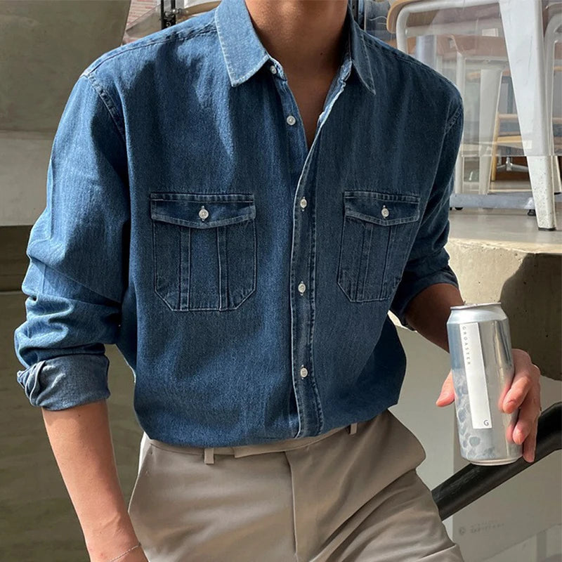 Autumn Clothing Men's Denim Long-sleeved Pocket Shirt Casual Korean  Popular Button-down Streetwear Luxury Stylish Outerwear voguable