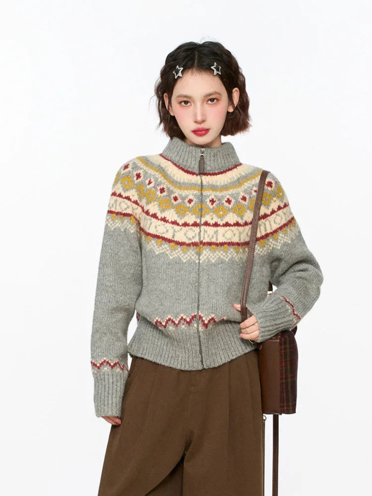 Vintage Harajuku Print Cardigan Sweaters Women Soft Streetwear Long Sleeve Knitted Jacket Retro American Casual Zipper Gray Tops voguable