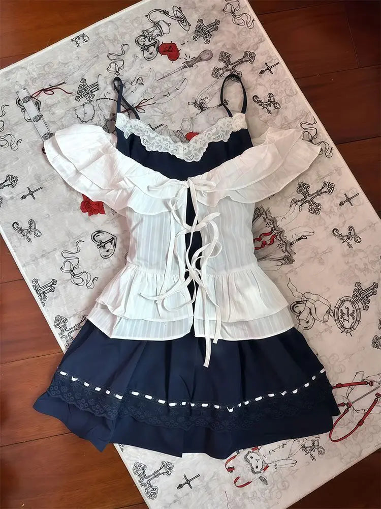 Voguable  Y2K Lolita Two Piece Set Off Shoulder Ruffled Blouse + Lace Trim Camisole Skirt Japanese Style Sweet Preppy Dress Summer voguable