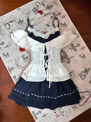 Voguable  Y2K Lolita Two Piece Set Off Shoulder Ruffled Blouse + Lace Trim Camisole Skirt Japanese Style Sweet Preppy Dress Summer voguable