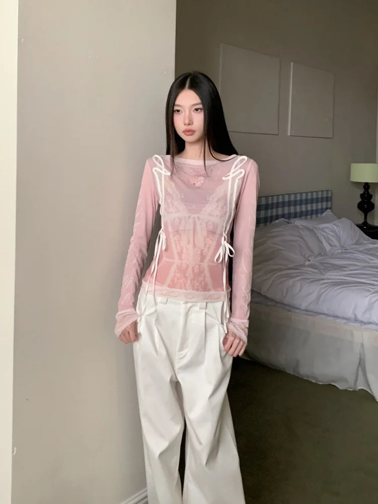 Designer Pink Long Sleeve T Shirt For Woman Fall 2025 Lace Print Funny Tees Cute Mesh Top Kawaii Clothes voguable