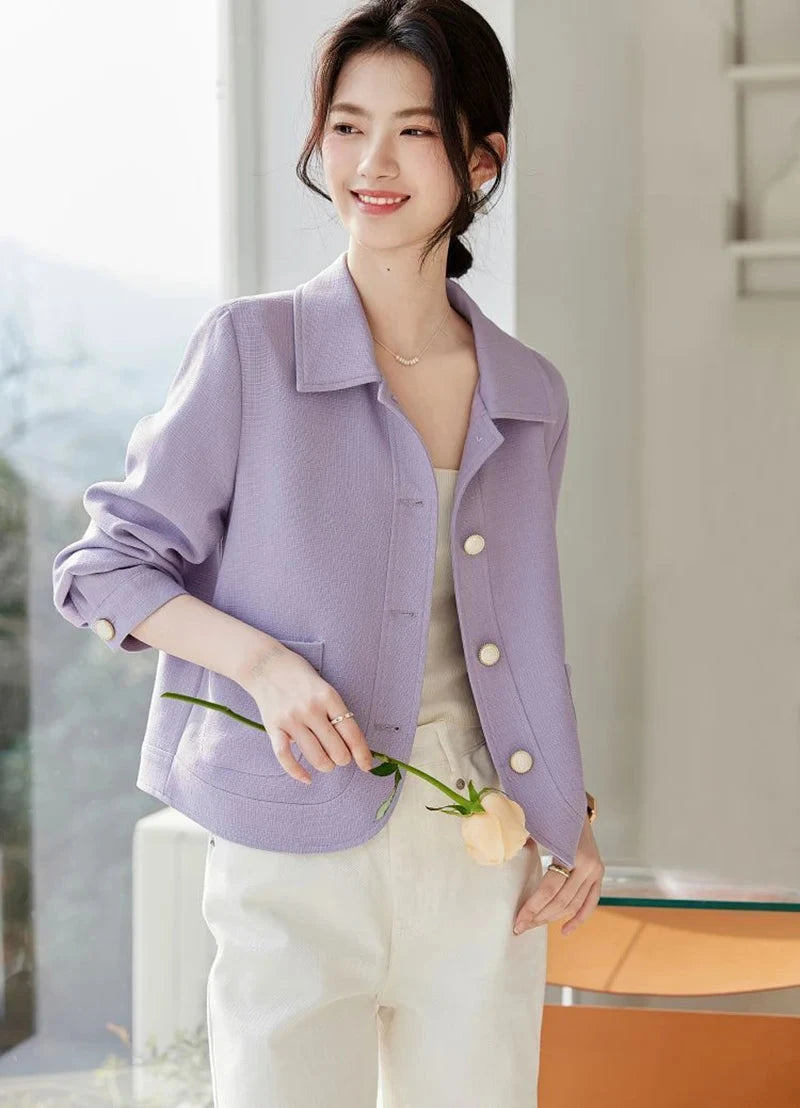 Elegant Slim Purple Jacket Women Sweet Long Sleeve Small Fragrance Coat Casual Fall Winter Lady French Pockets Fashion Tops voguable