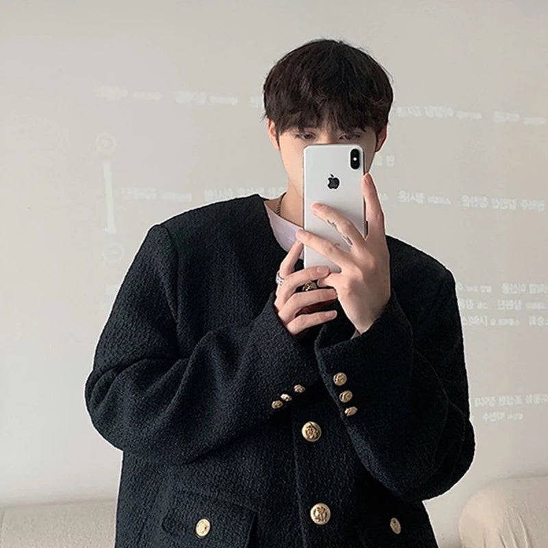 Korean Style Fashionable Tweed Round Neck Jacket Men Japanese Trendy High-end Single-breasted Short Jacket with Temperament voguable