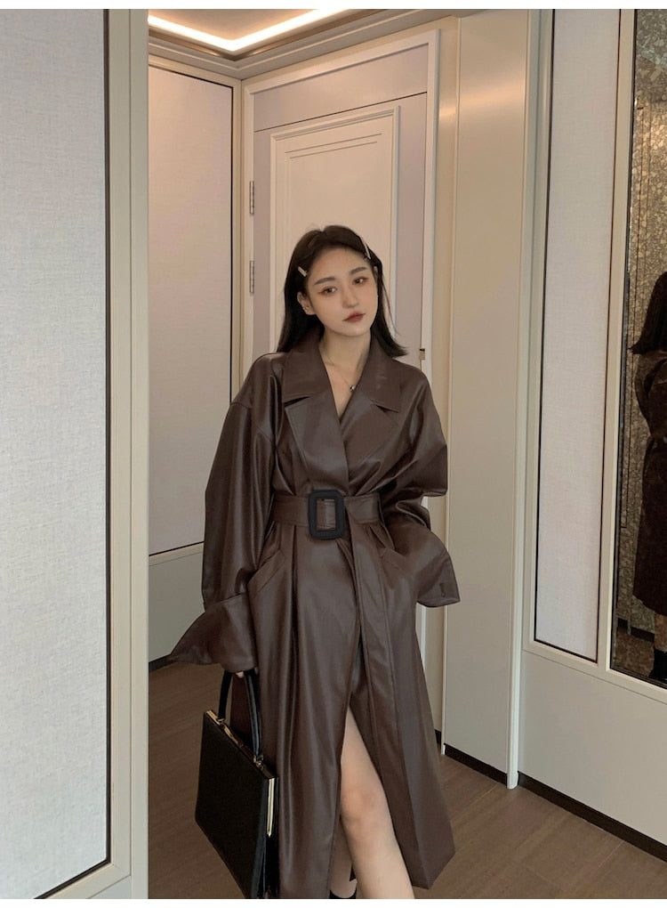 Long oversized leather trench coat for women long sleeve lapel loose fit Fall Stylish black women clothing streetwear voguable