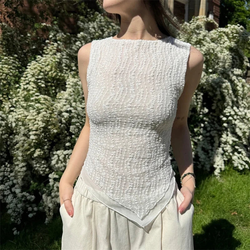 Irregular Tank Top y2k Clothes Women Solid Color Round Neck Sleeveless T Shirt Vest 2000s Aesthetic Clothing Streetwear voguable
