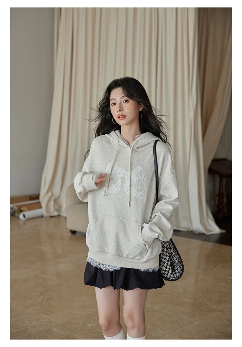 Lace Patchwork Cute Hoodies Women Loose Long Sleeve Bow Print Vintage Pullover Korean Casual Female Preppy Style Sweet Tops voguable