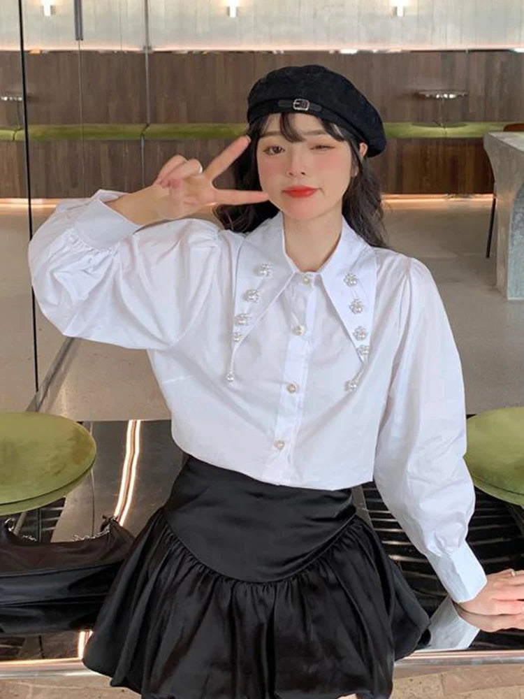 Voguable  Elegant Buttons Sweet White Shirt Women Fashion Long Sleeve Simple Blouse Korean Preppy Style Casual All Match Female Tops voguable