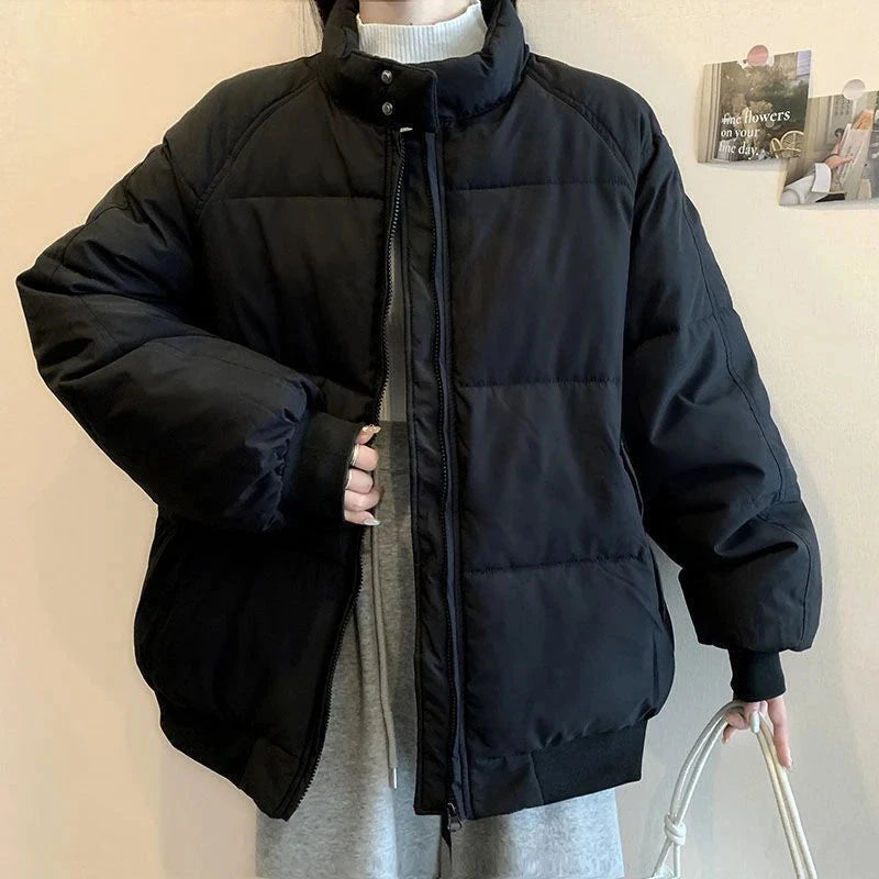 Preppy Style Sweet Pink Parkas Women Vintage Long Sleeve Winter Thick Warm Cotton Jacket Casual Stand Collar Loose Outwear voguable