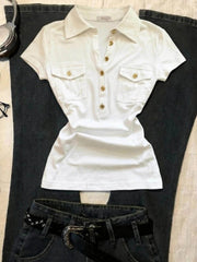 Voguable  Sexy Short Sleeve Collared T-Shirt Women's Slim Fit Summer New Design Unique Top Cotton Casual Style Universal Size Pure Color voguable