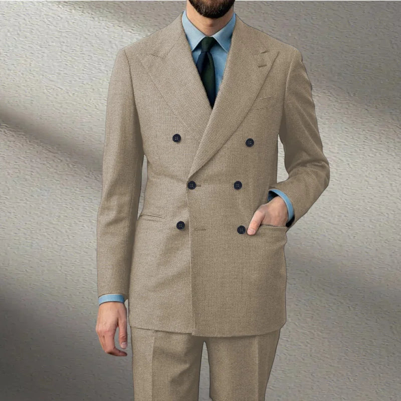 Voguable  Spring 2 Piece Woolen Blend Men's Suit  Set Tailored Double Breasted Lapel Jacket Blazer Elastic Pants Wedding Part Prom Dinner voguable