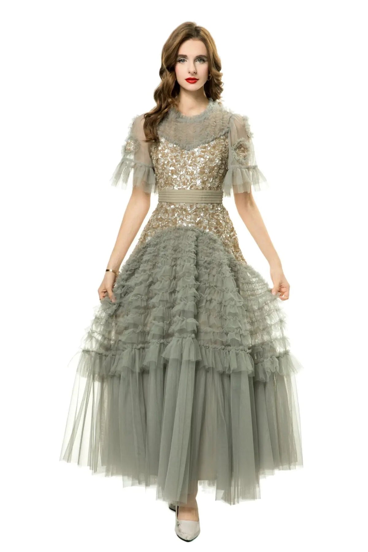 Fashion Women Dress Short Sleeve Round Neck Lotus Leaf Edge Lace Splicing Sequins Female Party Dress New Tide voguable