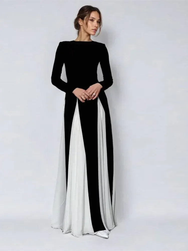 Elegant Black White Patchwork Maxi Dresses Women Fashion O-neck Long Sleeves Slim Dress New Female Evening Party Robes voguable