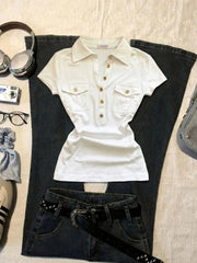 Voguable  Sexy Short Sleeve Collared T-Shirt Women's Slim Fit Summer New Design Unique Top Cotton Casual Style Universal Size Pure Color voguable