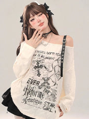 Gothic Vintage Oversize Long sleeve T shirt Women Sweet Sexy Off shoulder Tops Spring Autumn Fashion Holes Basic Tees voguable