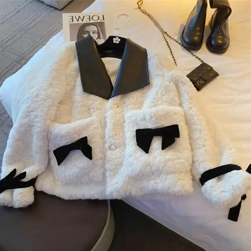 Women Sweet Bow Faux Lamb Coat Fashion Korean Long Sleeve Winter Warm Jacket Chic Slim Patchwork Elegant Pockets Outwear voguable