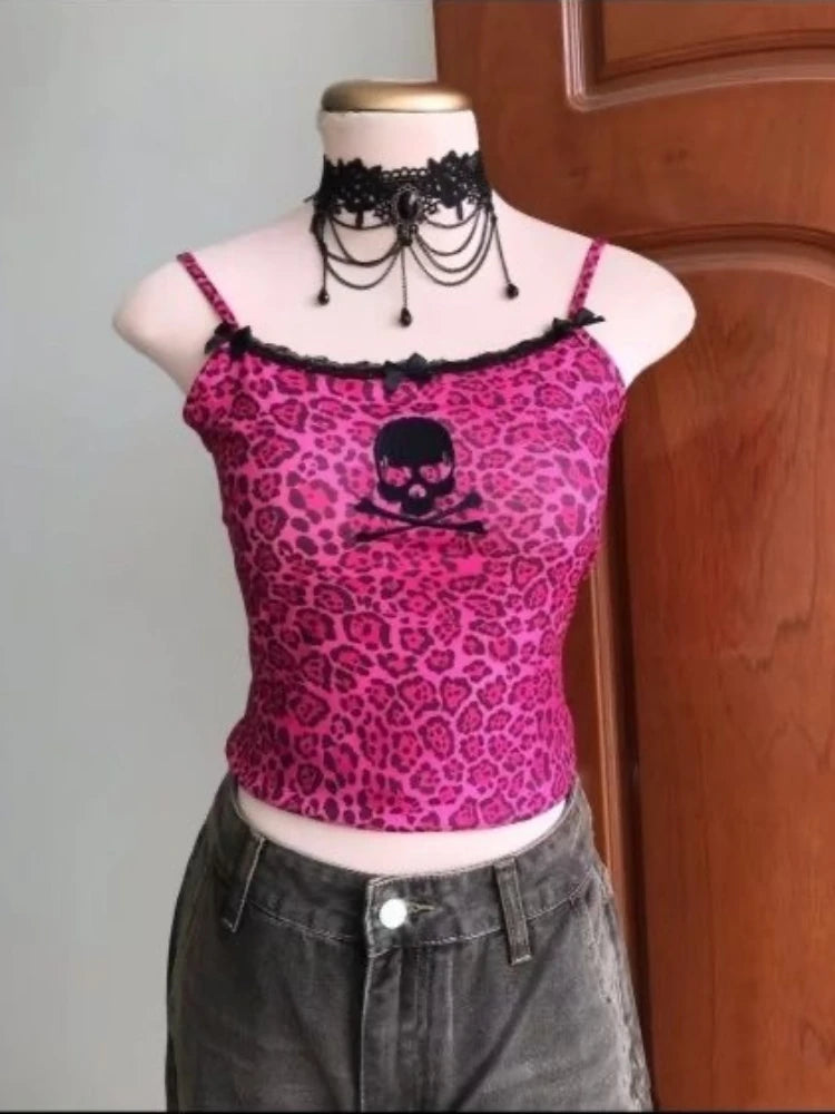 Voguable  2000s American Vintage Sexy Leopard Camis Y2k Harajuku Slim Lace Patchwork Tanks Summer Streetwear Beach Party Sleeveless Tops voguable
