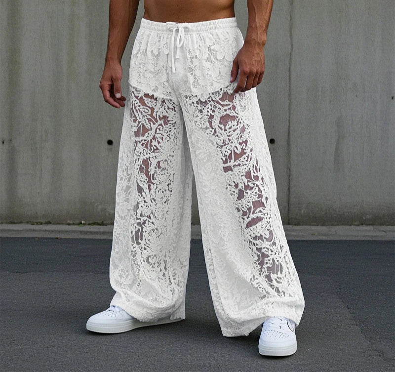 Lace Long Pants Men Casual Pants See-through Long Trousers Party Streetwear Fashion Solid Color Summer Hollow Out Pants voguable
