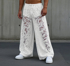 Lace Long Pants Men Casual Pants See-through Long Trousers Party Streetwear Fashion Solid Color Summer Hollow Out Pants voguable