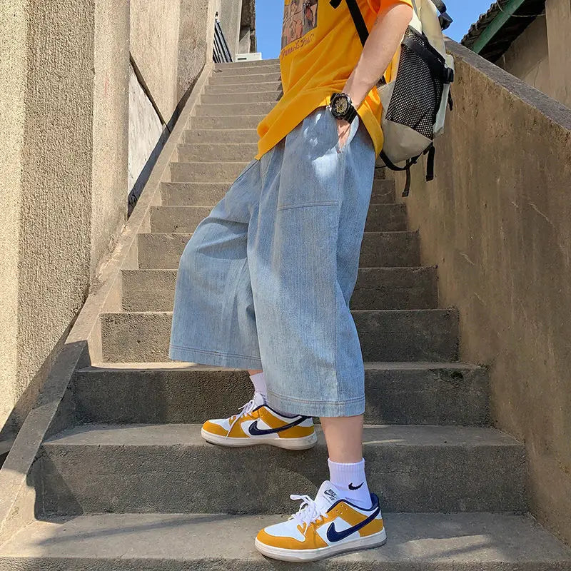 Voguable  Men Loose and Versatile Straight Denim Men's Season Thin Wide-leg Cropped Pants voguable