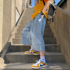 Voguable  Men Loose and Versatile Straight Denim Men's Season Thin Wide-leg Cropped Pants voguable