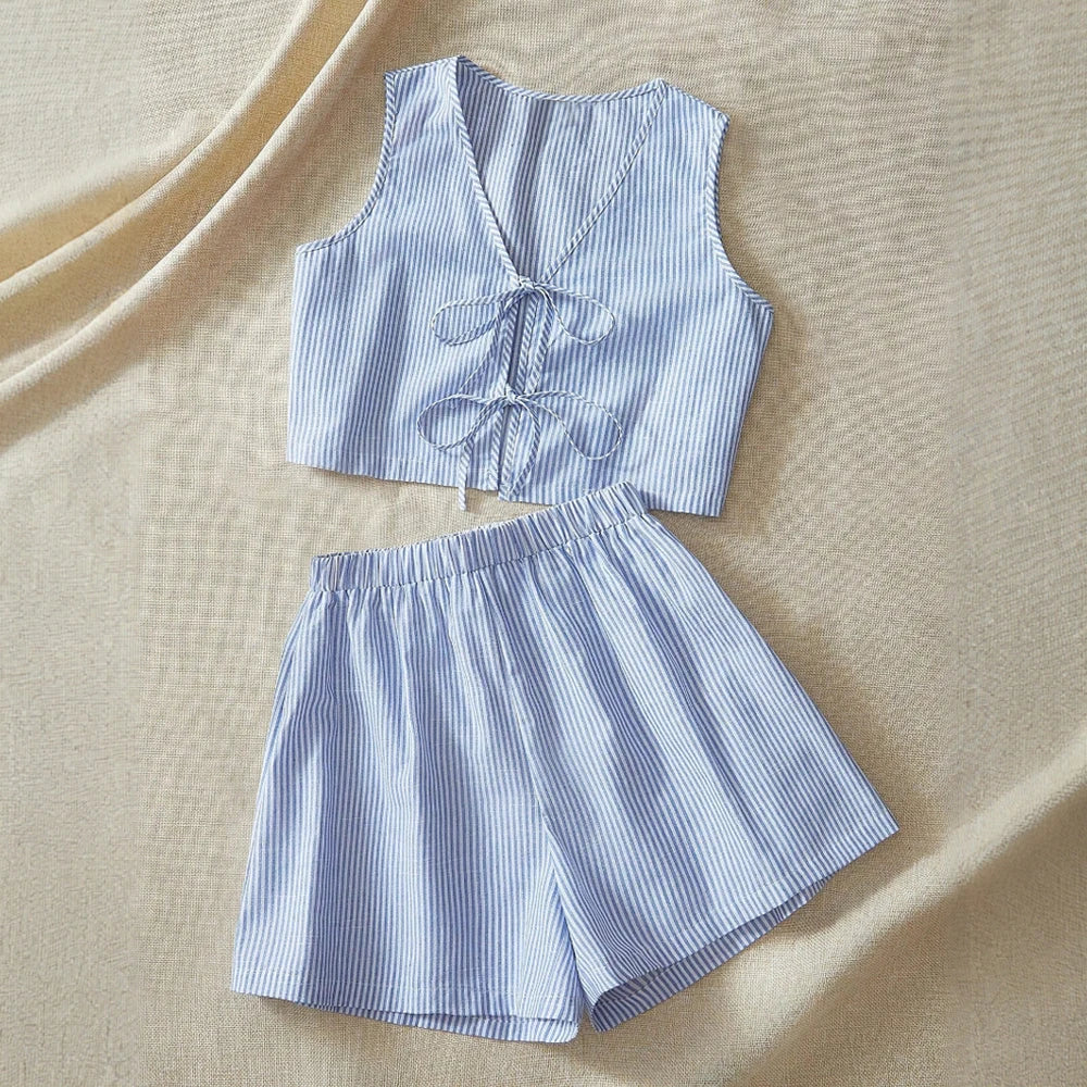 Sets Summer Comfortable Basic 2025 Stripes V-Neck Sleeveless Cropped Top Loose Fit Shorts Casual Sets voguable