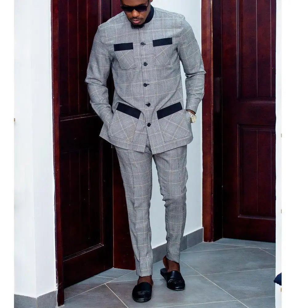 Voguabl 2024 Summer Short Sleeve Tops Pockets Pants Single Breasted Tuxedo 2PCS Men's SetsAfrican Ethnic Casual Kaunda Suit Wedding Wear voguable