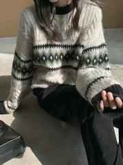 Pullovers Women Loose Vintage Jacquard Autumn Fashion O-neck Comfort Temper Sweater All-match Korean Style Casual Knitted Basic voguable