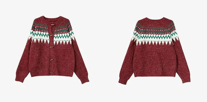 American Christmas Red Cardigan Women Vintage Lazy Wind Sweet Knitted Sweater Casual O Neck Long Sleeve Retro Harajuku Tops New voguable