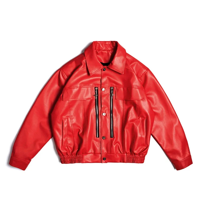 Voguable 2024 Trendy Metal Buckle Decorate Splicing Design Casual Leather Jacket Men's High Street Handsome Stylish PU Coat voguable