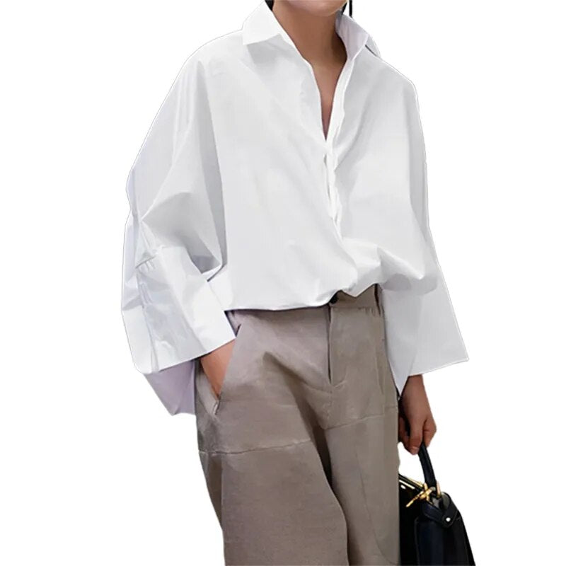 Stylish Selection Solid Color Lapel Collar Black White Blouse Spring Autumn Loose Causal Shirts Tops For Office Lady voguable
