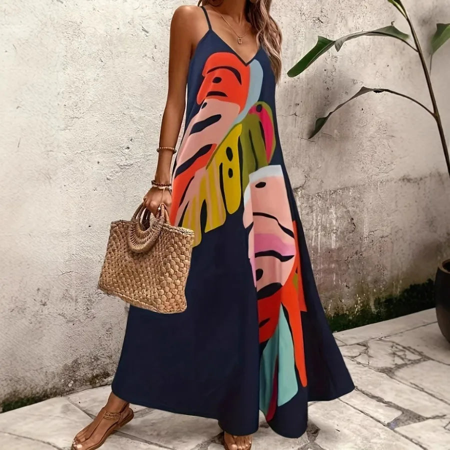 Voguable  summer fashionable vacation comfortable casual print V-neck suspender long dress all-match voguable