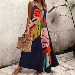 Voguable  summer fashionable vacation comfortable casual print V-neck suspender long dress all-match voguable