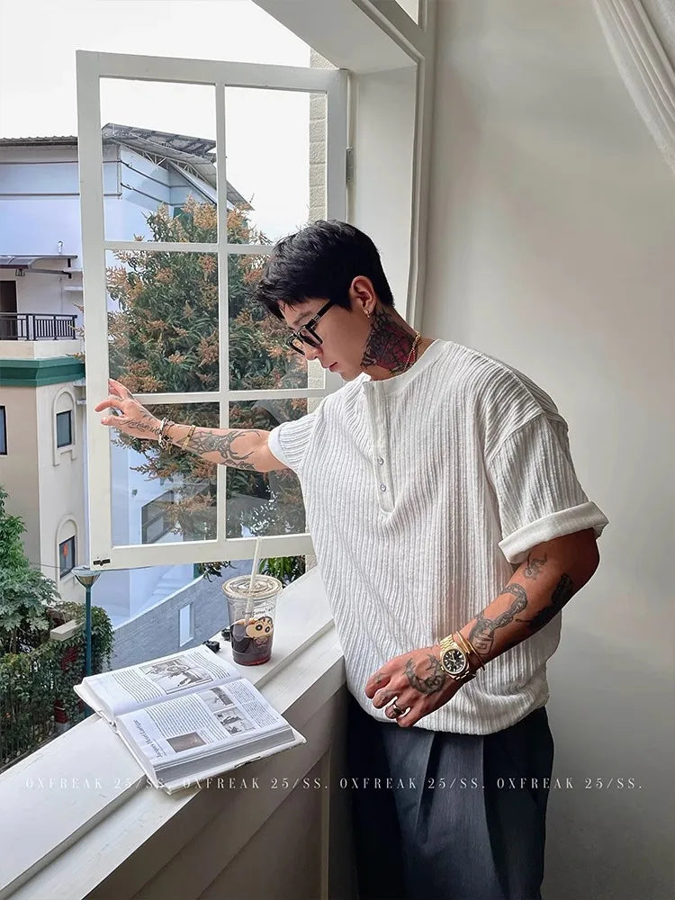 American High-end Henry Neck Short-sleeved T-shirt Men's Korean Hip Hop Tees 2025 Summer New Loose V-neck Trendy Cityboy Top voguable