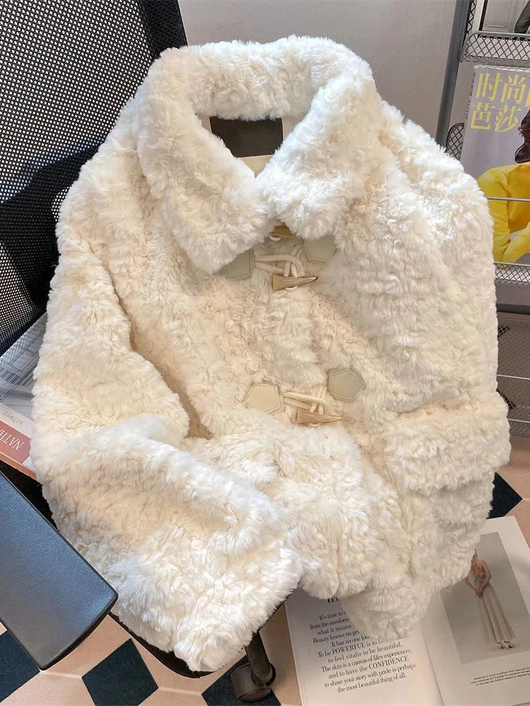 Warm Faux Lamb Cute Coat Women Sweet Long Sleeve Winter Thick Jacket Casual Pockets Japan Kawaii Loose Soft Vintage Tops voguable