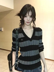 V Neck Vintage Striped Sweater Women Sexy Slim Long Sleeve Y2K Knitted Jumper American Retro Harajuku Letter Fall Pullover voguable