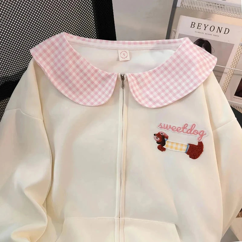 Cartoon Sweet Kawaii Hoodies Women Loose Cute Peter Pan Collar Sweatshirts Fall Preppy Style Long Sleeve New Embroidery Top voguable