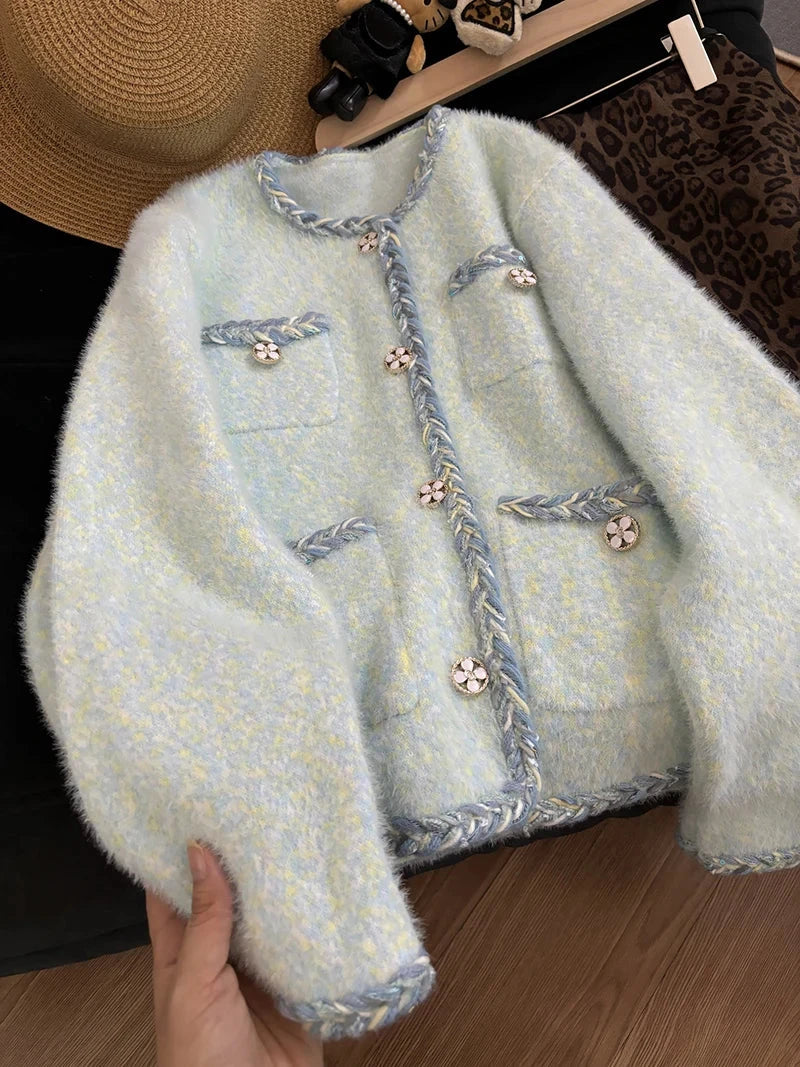 Faux Mink Cashmere Cardigan Coat Women Loose Sweet Long Sleeve Korean Knitted Jacket Sweater Fall Winter O Neck Cute Fashion Top voguable