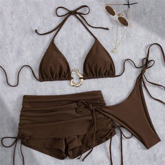 Voguable  Metal Ring Halter String Triangle 3 Piece Bikinis Sets Brown Solid Swimwears Bottom Short Micro Thong Sexy Swimsuit Woman voguable