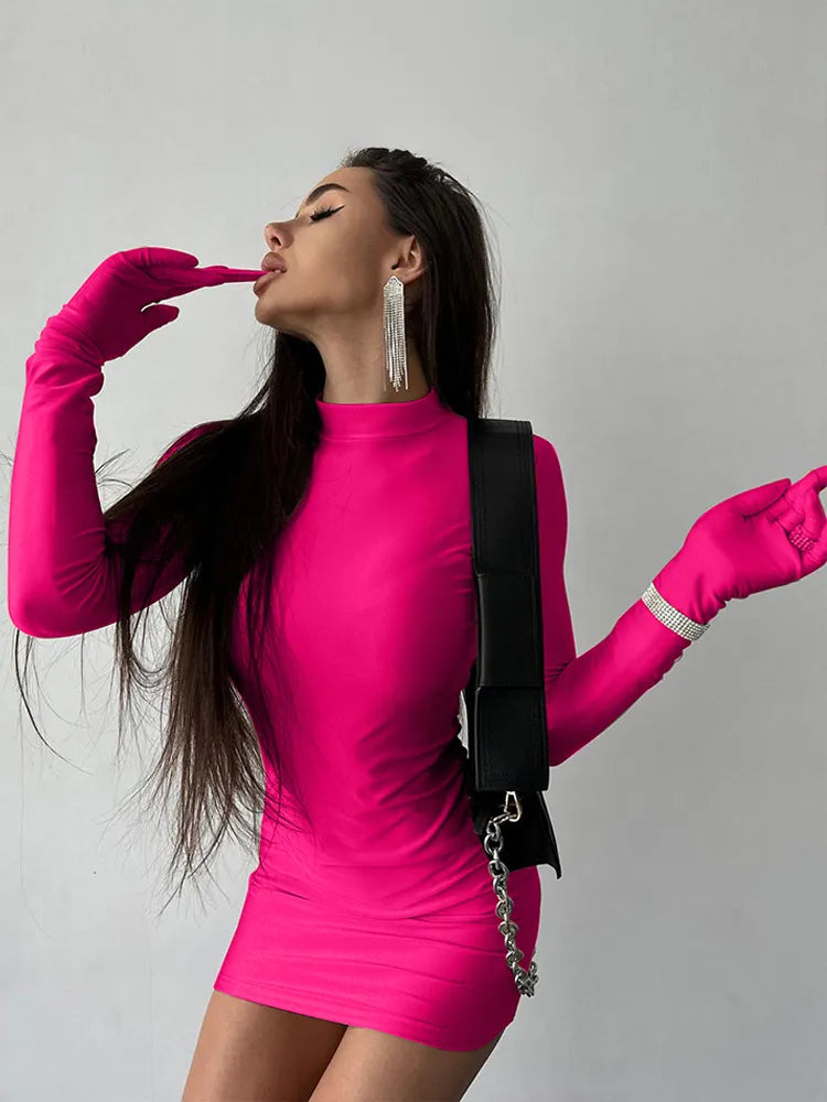 Solid Long Sleeve With Gloves Mini Dress Bodycon Sexy Streetwear Party Half Turtleneck Outfits Y2K Clothes Wholesale voguable