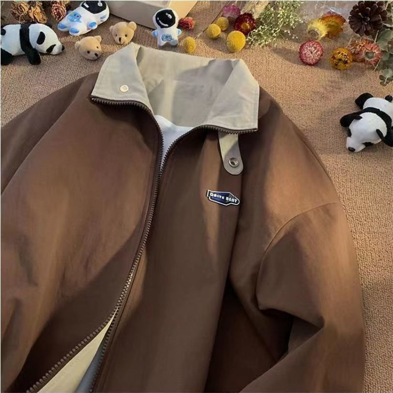 Vintage Brown Letter Jacket American Workwear Preppy Varsity Coat Women's Spring Autumn Hoodless Zipper Bomber Jacket voguable