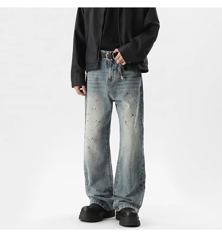 Summer Men's Denim Pants Old Blue Washed Male Jeans Straight fleck Casual Menwear Loose Wide Leg Trousers 2024 New Fashion voguable