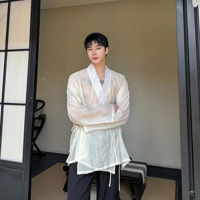 Voguable  Drawstring Translucent Design Street Long Sleeve Shirt 2024 Men Stylish Original Elegant Trendy Tops voguable