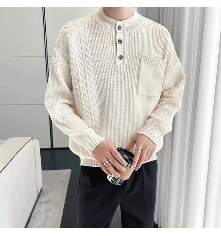 Korean Popular Men's Henry Collar Sweater Light Luxury Knit Long Sleeve Button Pullover Trending Jacquarded Solid Color Knitwear voguable