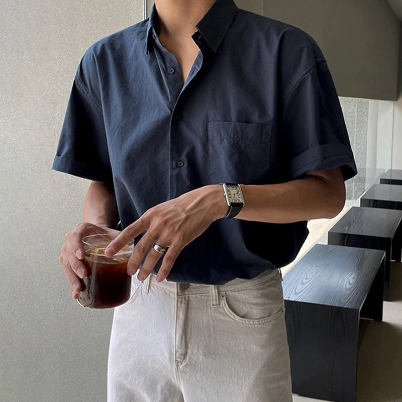 Summer Men's Clothing Light Luxury Shirt Korean Solid Color Short Sleeve Button-down Retro Fashion Leisure Loose Pocket Shirts voguable