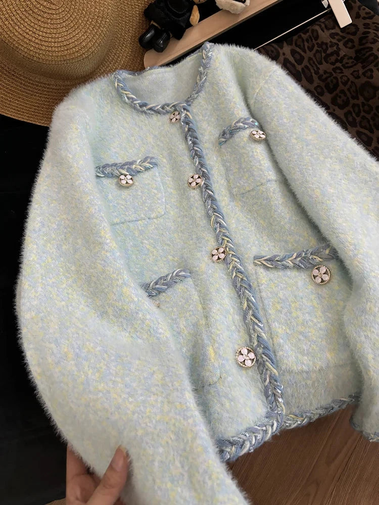 Faux Mink Cashmere Cardigan Coat Women Loose Sweet Long Sleeve Korean Knitted Jacket Sweater Fall Winter O Neck Cute Fashion Top voguable