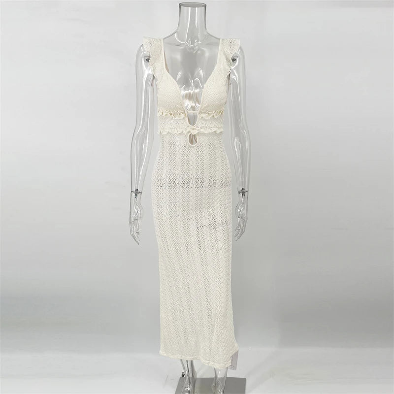 TARUXY Deep V Neck Sexy Dresses Women Sleeveless See Through High Waist Long Cover Up Dress Femme Holiday Knitted Beach Dress voguable
