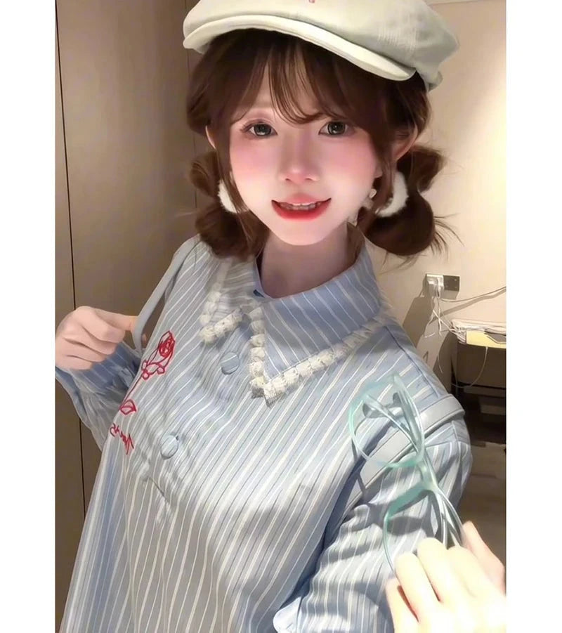 Lace Patchwork Striped Dress Women Sweet Floral Embroidery Mini Dress Fall Preppy Style Long Sleeve Cute Korean A Line Dress New voguable